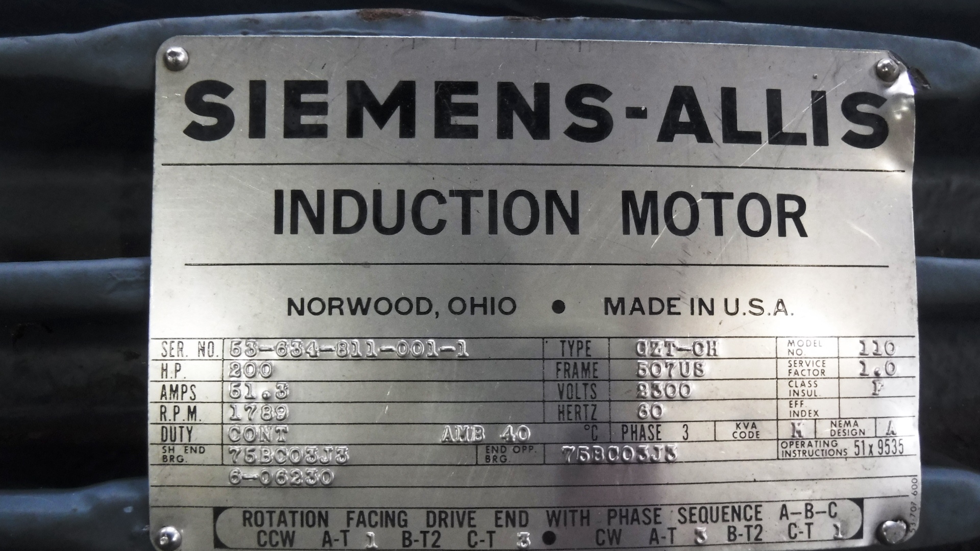 Siemens-Allis 200 HP 1800 RPM 507US Squirrel Cage Motors 81788